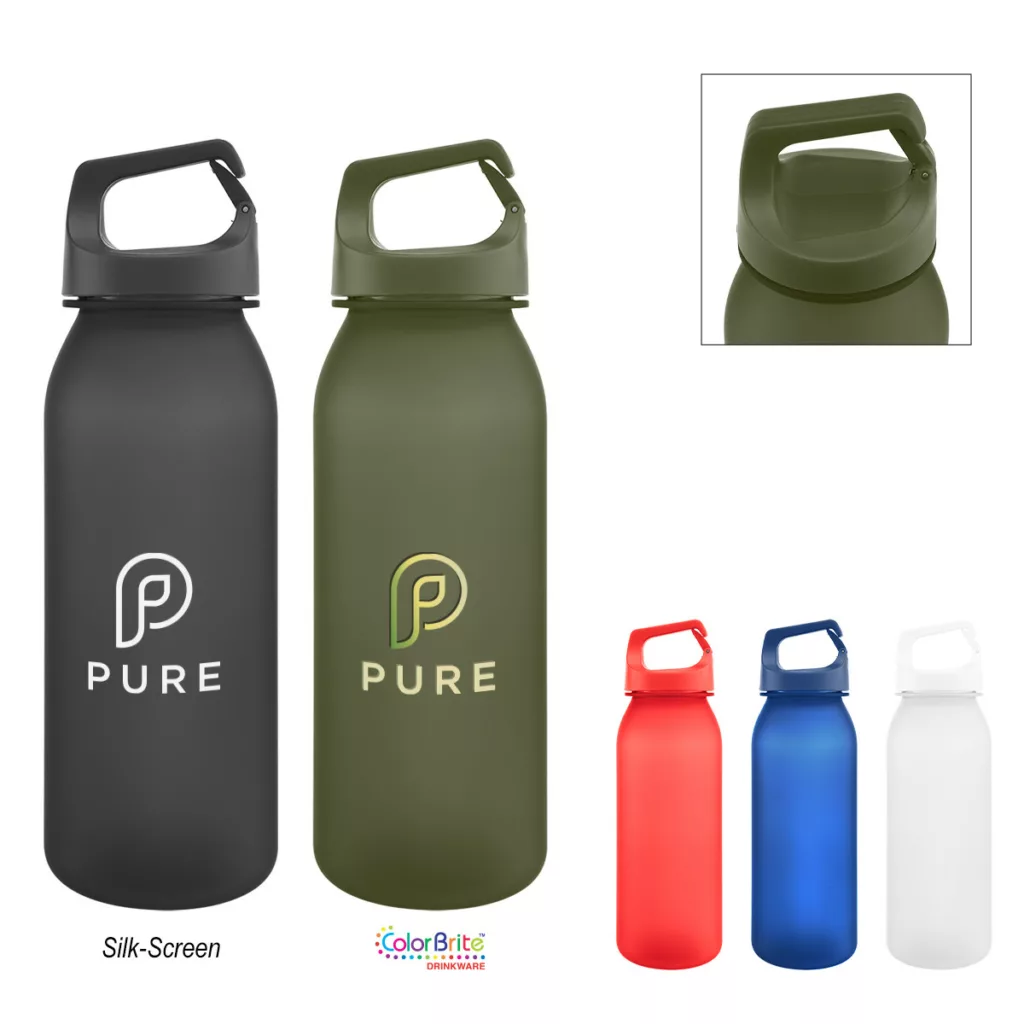 Branded water bottles in five colors with screw top handle