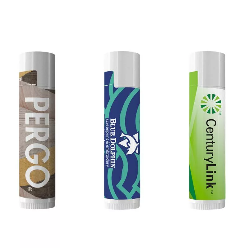 Branded lip balm tubes with custom wrap labels for promo