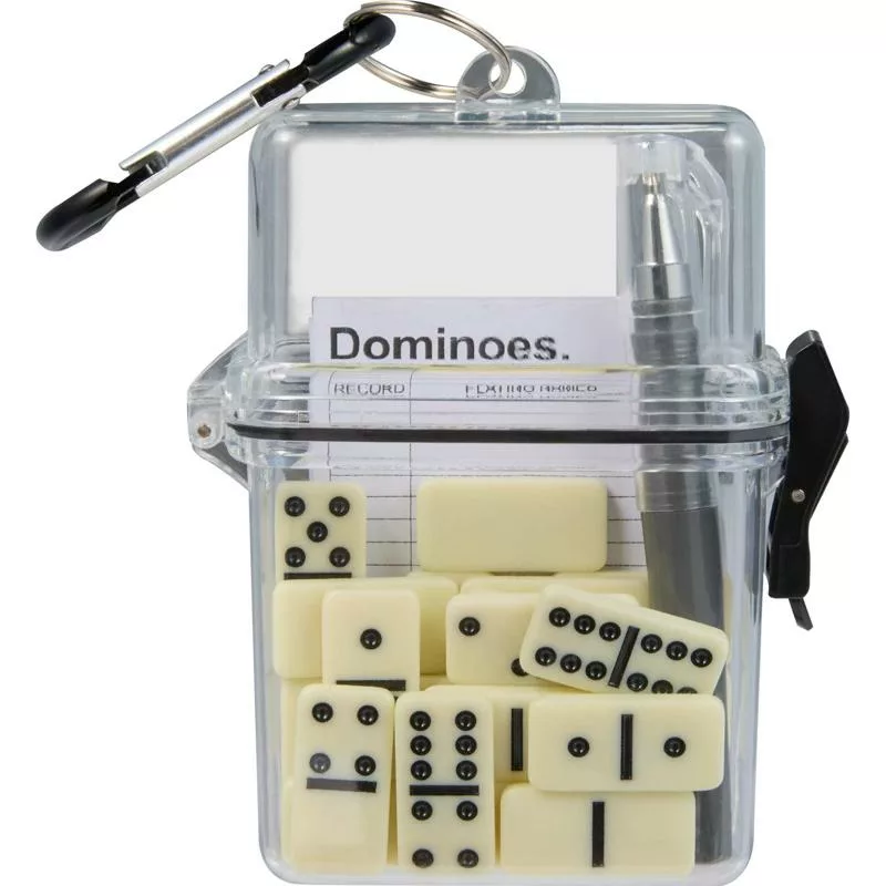 Compact dominoes game set with carabiner and branded pen