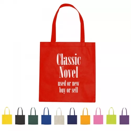Red branded tote bag with classic novel logo and handles