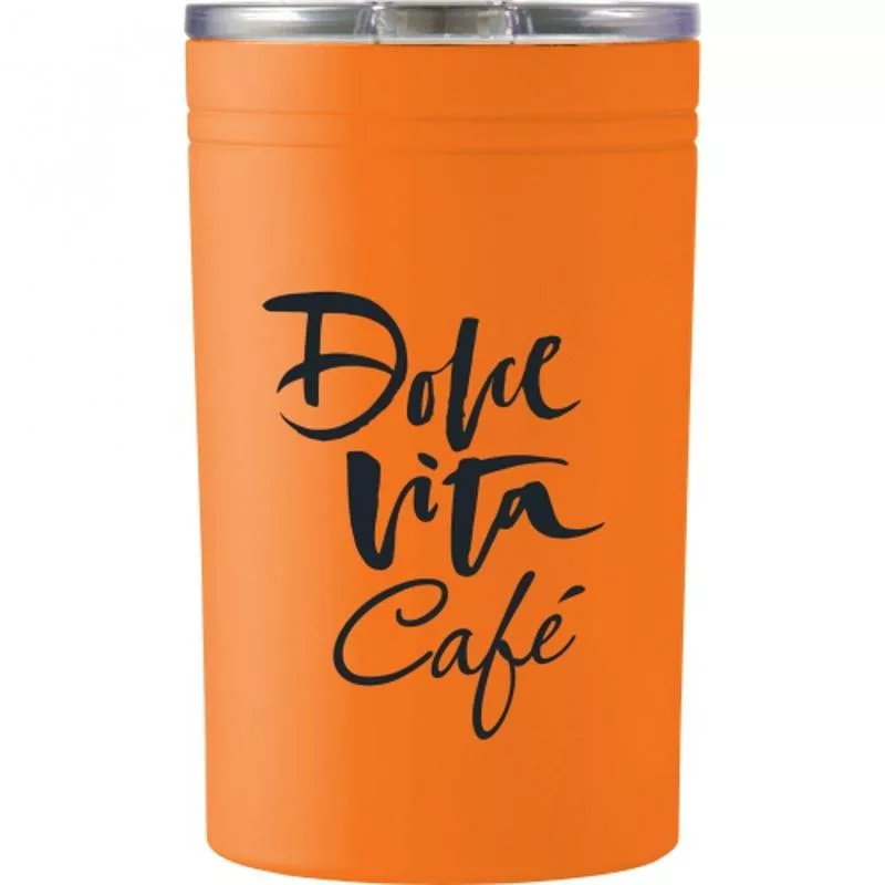 Bright orange tumbler with black Dolce Vita cafe logo