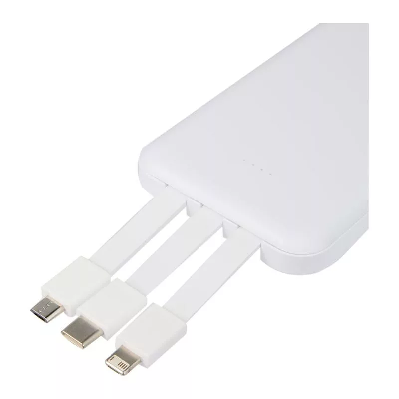 White power bank with three integrated charging cables shown