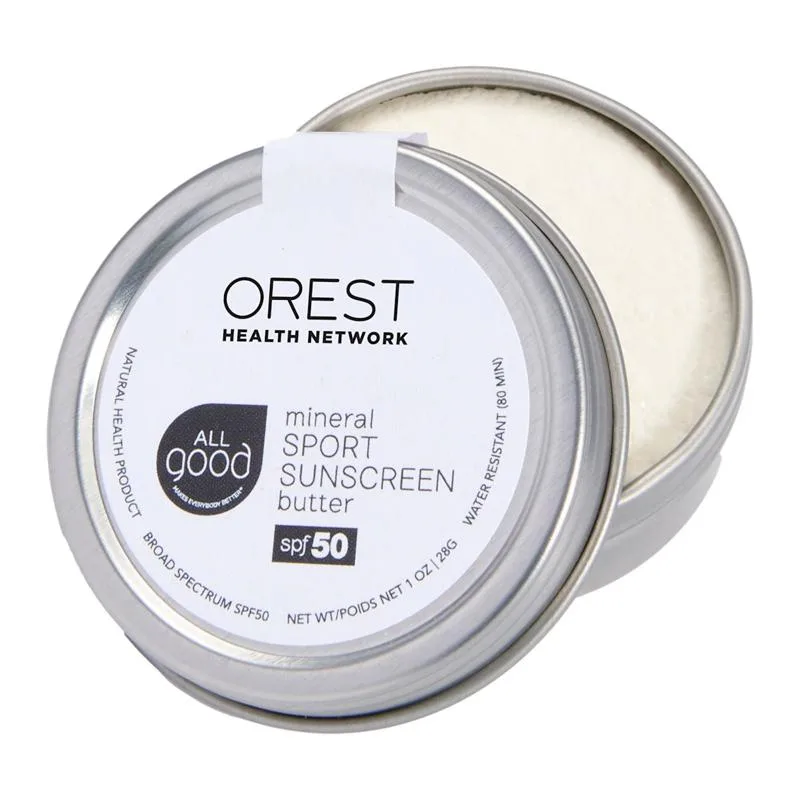 All Good sunscreen butter tin with promotional branding and SPF label