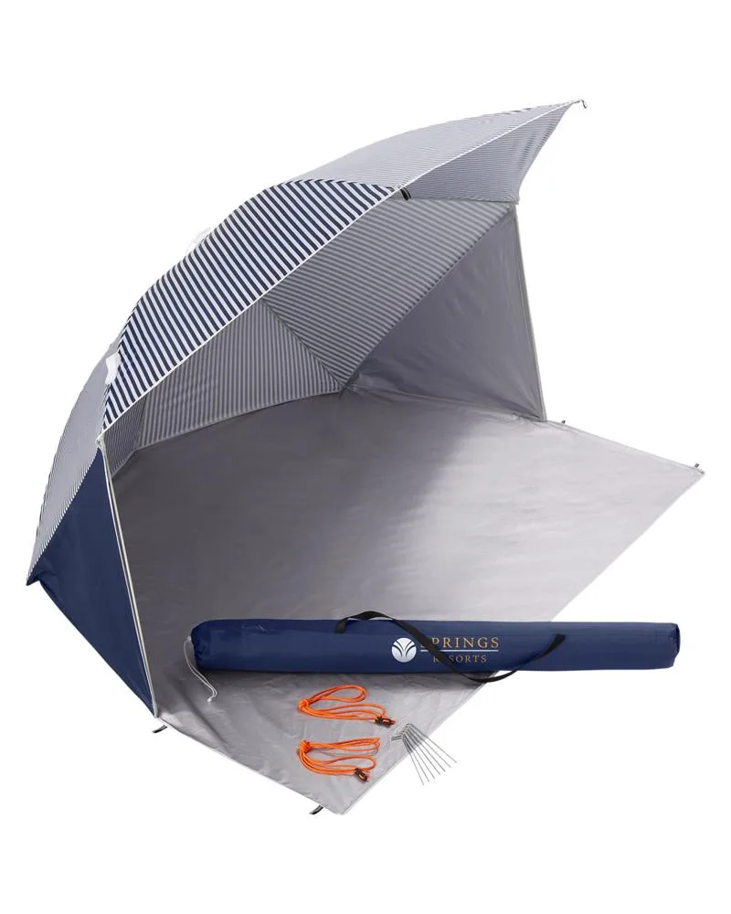Belle Mare umbrella beach tent setup with ground tarp and stakes