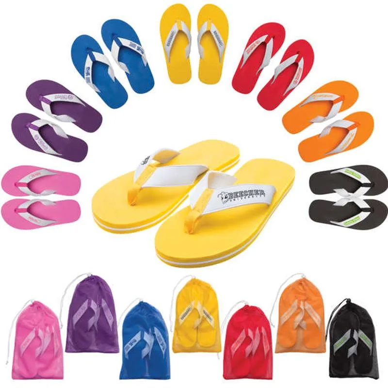 Deluxe flip flops in various colors with matching mesh drawstring bags