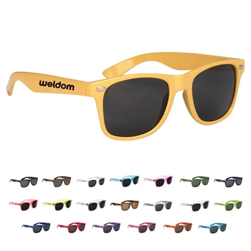 Malibu sunglasses in yellow with branding and multi-color options shown