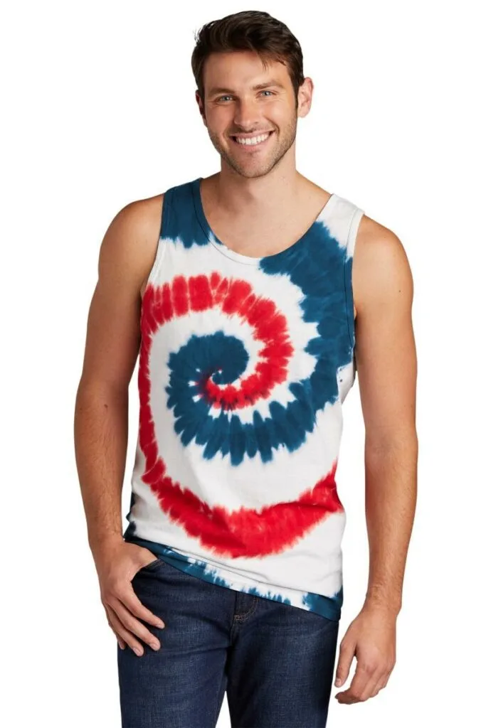 Port and Company tie dye tank top in red, white and blue