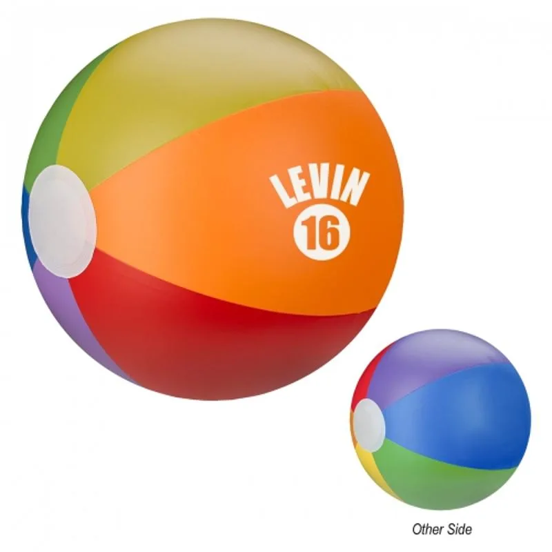 Rainbow beach ball with custom imprint shown on the orange panel