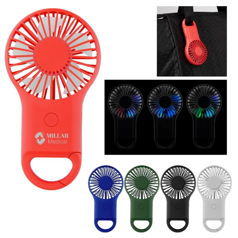 Rechargeable handheld fan with carabiner clip in various colors
