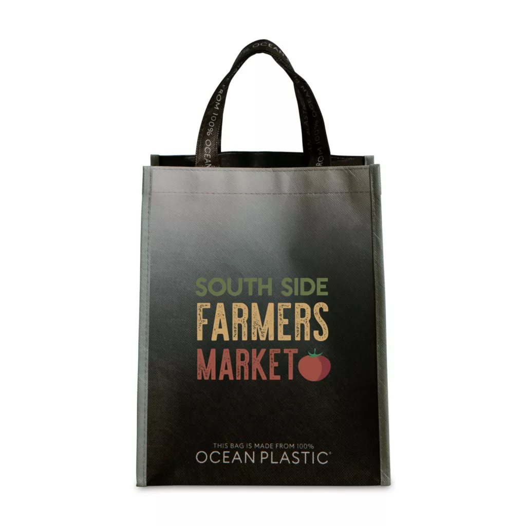 Black tote with custom message on front "south side farmers market"