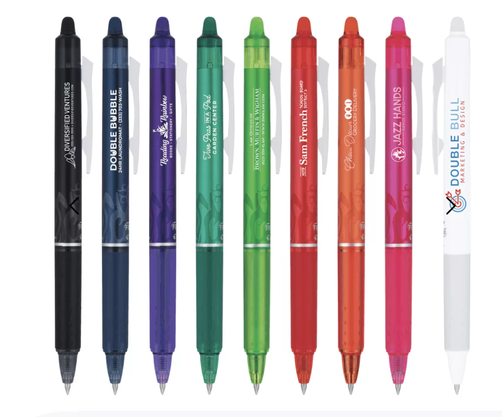 Branded pens in an assortment of colors, black, blue, purple, green, red, orange, pink, white