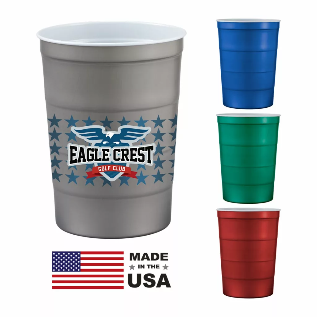 Branded steel solo cups in silver, blue, green, and red