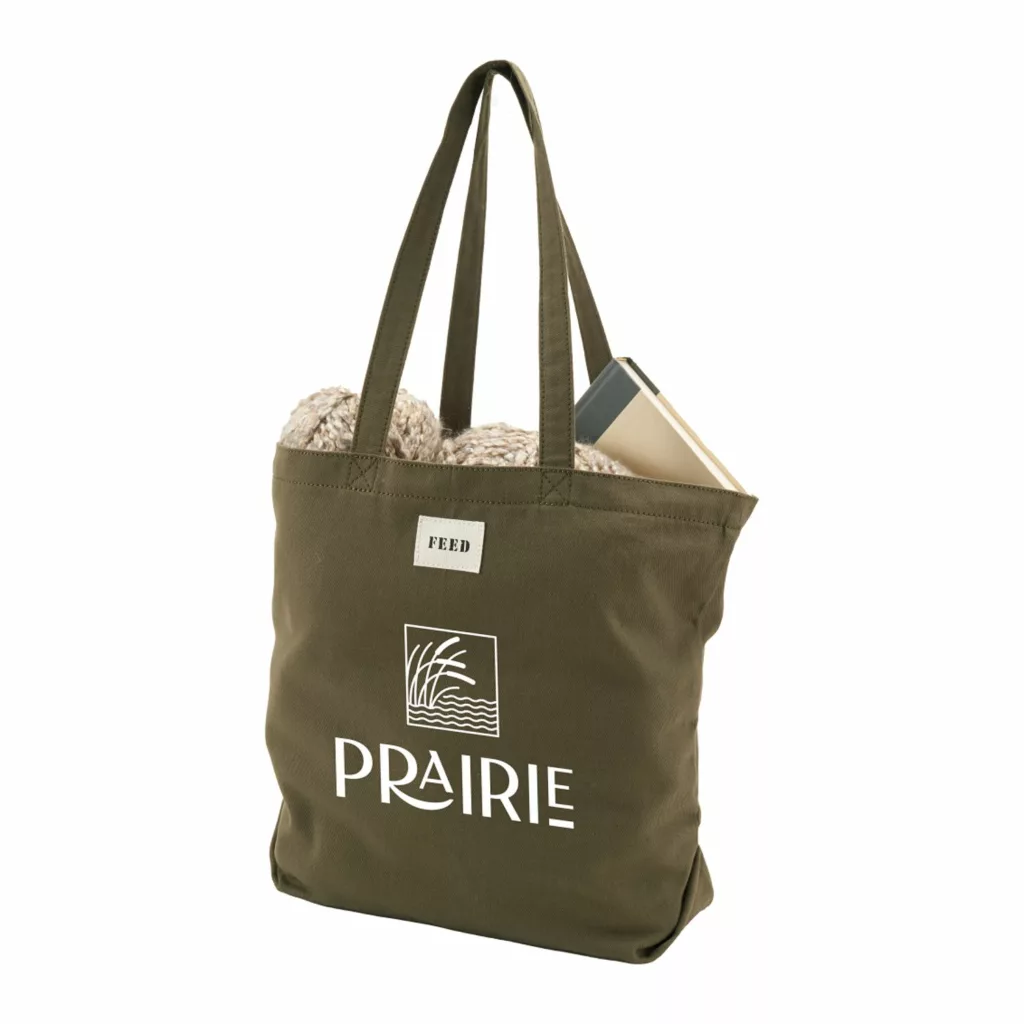 Green cotton tote with custom logo imprinted on front.