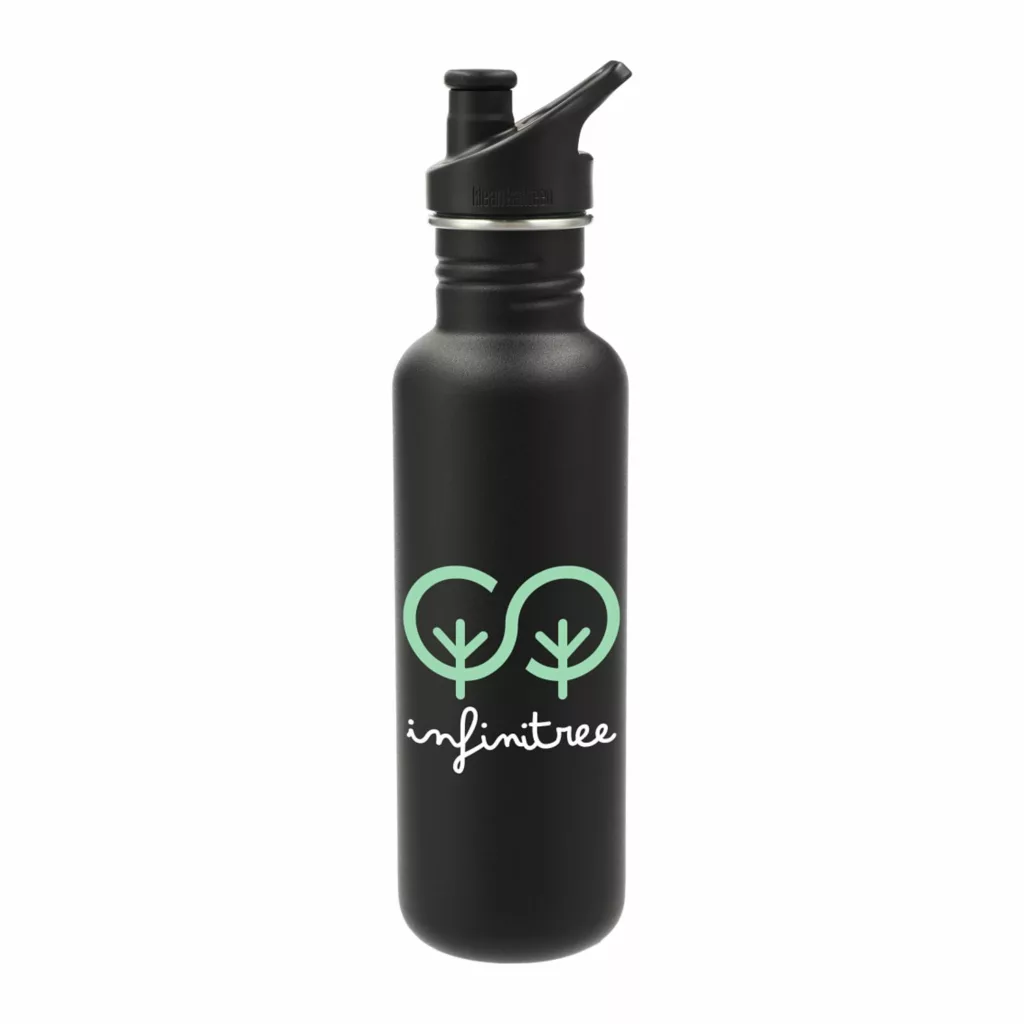 Black stainless steel water bottle with green and white logo