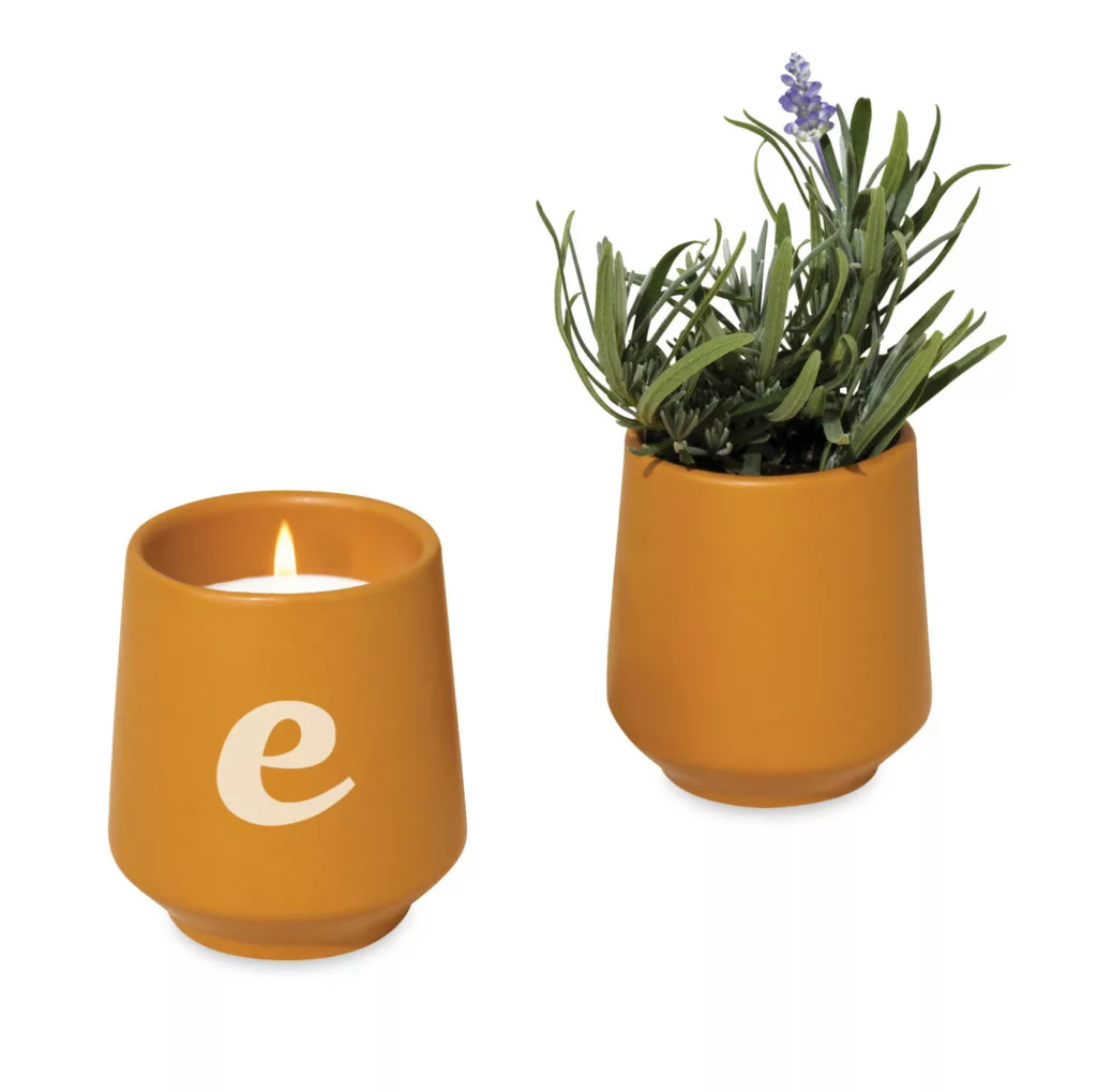 Terracotta candle and planter branded with a logo