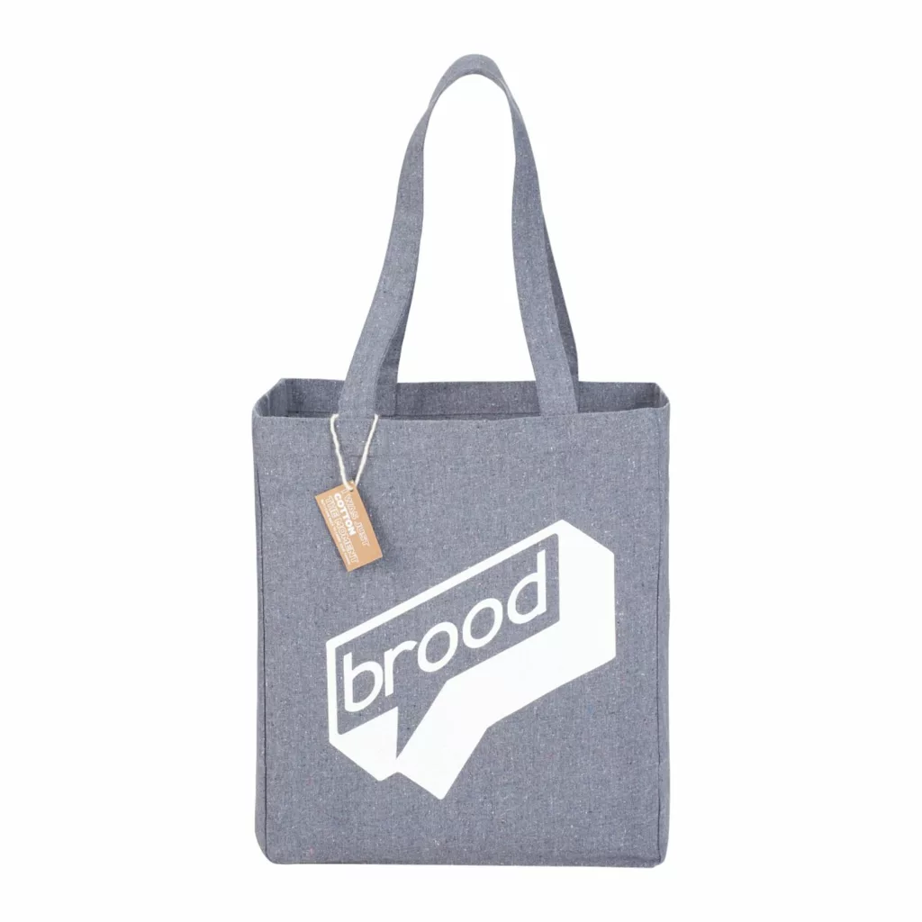 Branded grey grocery tote made with organic cotton