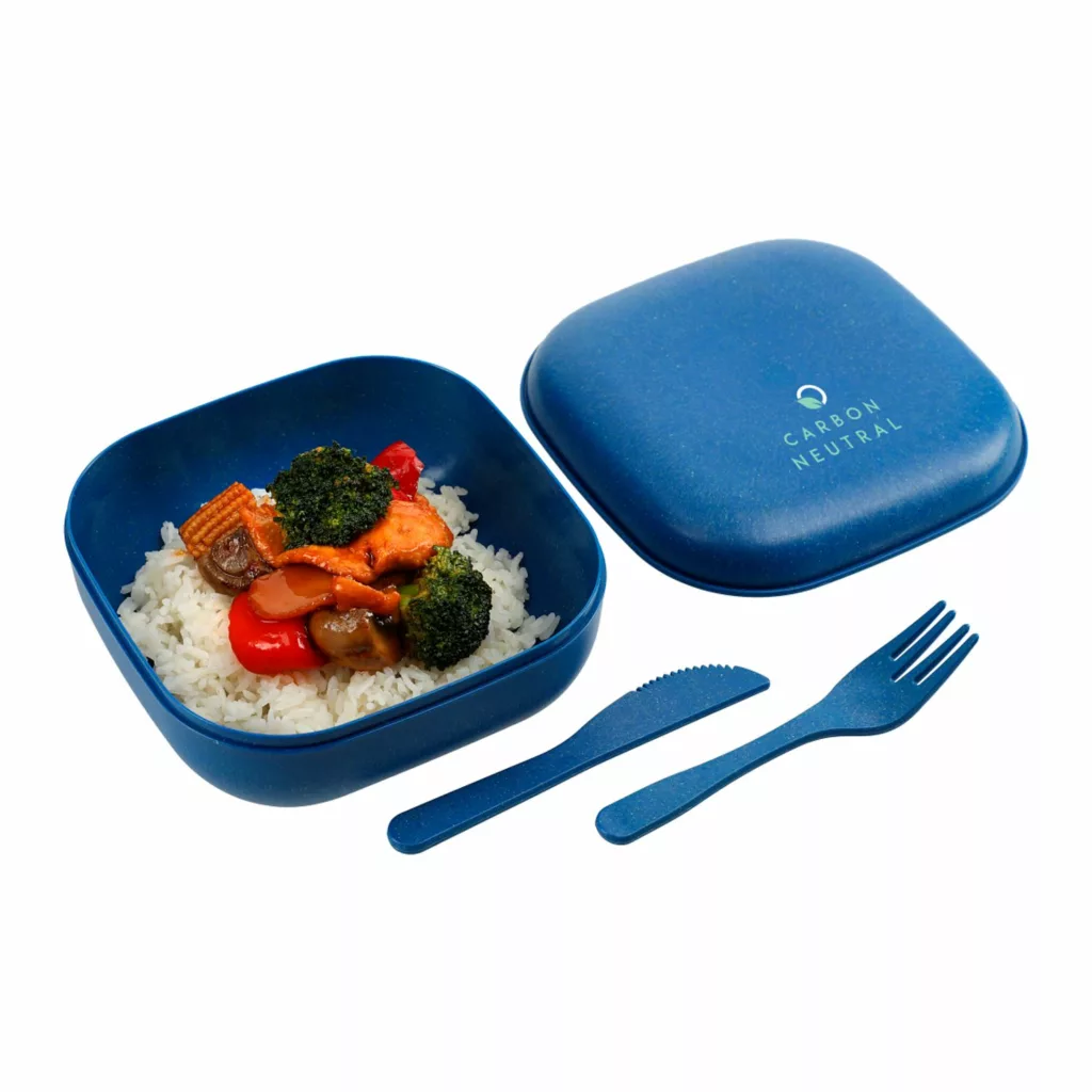 Branded blue food storage set made from wheat byproducts. 