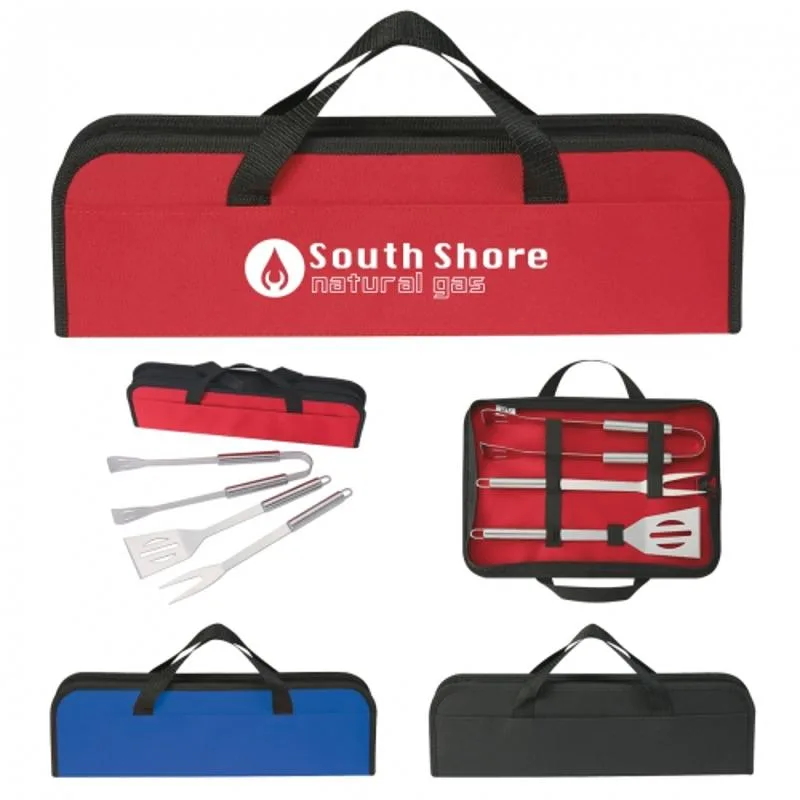 Three-piece BBQ tool set in carrying case with custom branding.