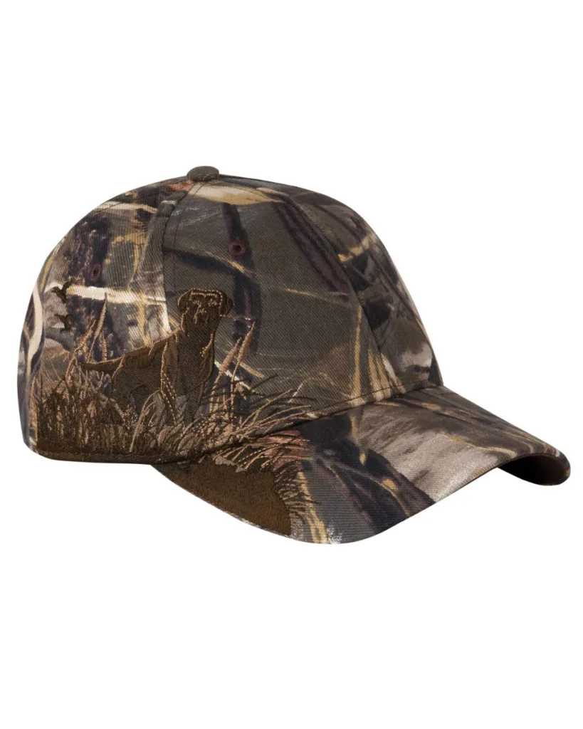 Structured hat with camouflage design and duck hunting print.