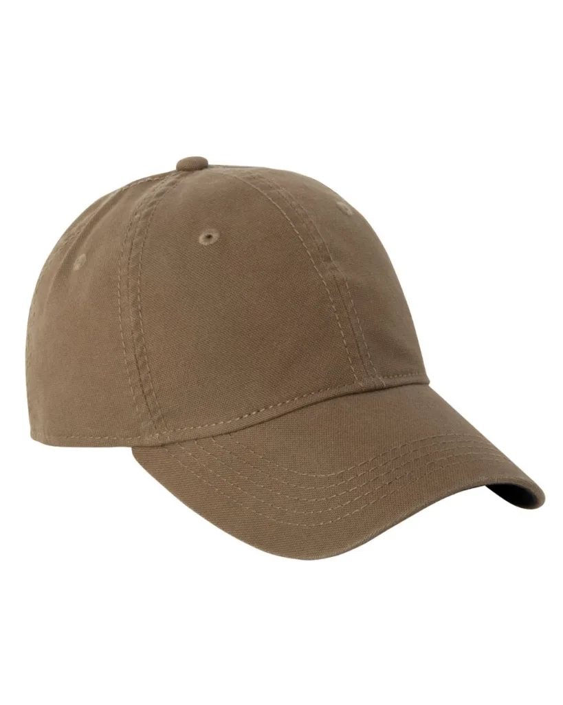 Unstructured hat in solid brown fabric with curved bill.