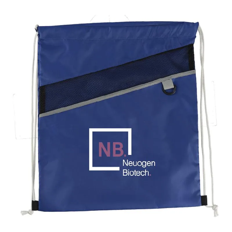 Blue combo recycled drawstring bag with mesh pocket and branding.