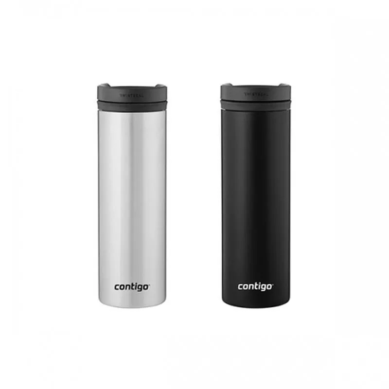 Contigo Eclipse stainless steel branded tumblers with company logo.