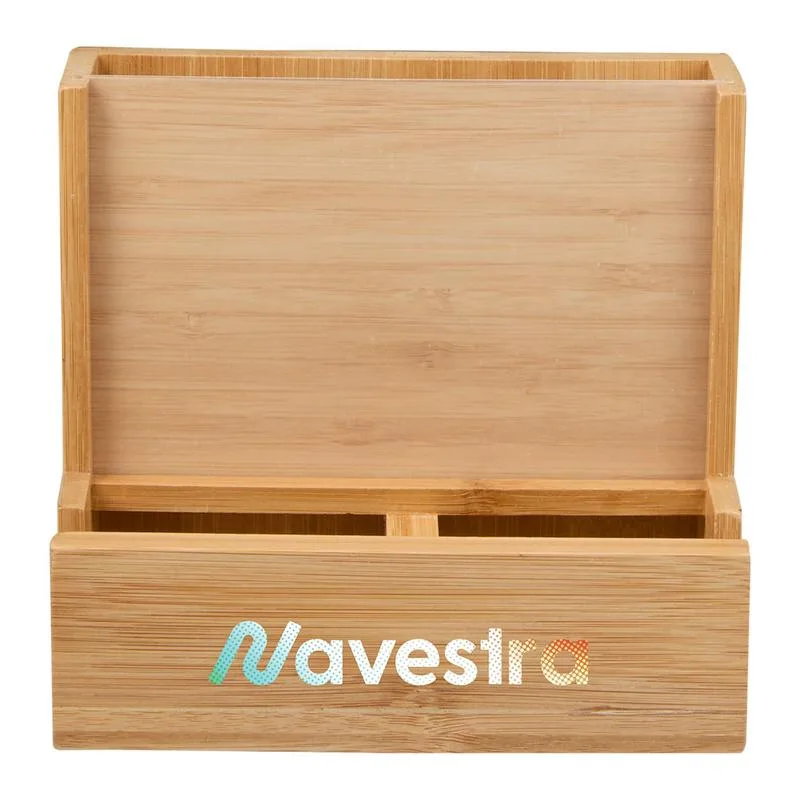 Bamboo desktop organizer with phone slot and pen compartments.