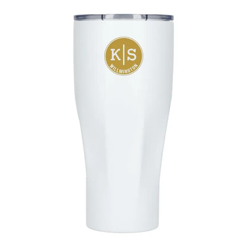 White insulated tumbler with copper vacuum and custom logo print. 