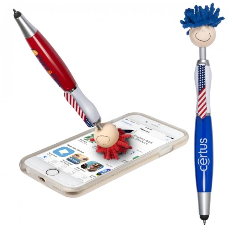 Patriotic novelty pen with stylus and smiling mop head