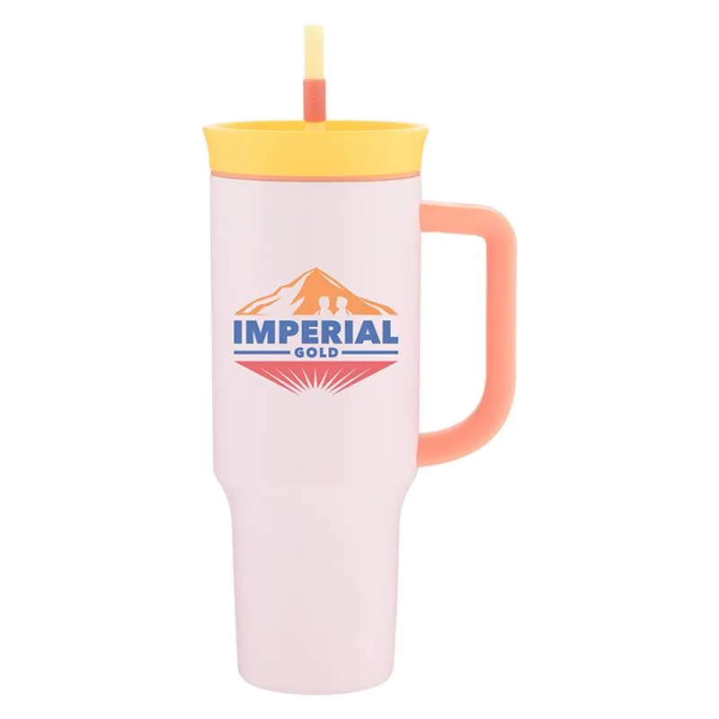 Owala promotional tumbler with Imperial Gold logo and straw.