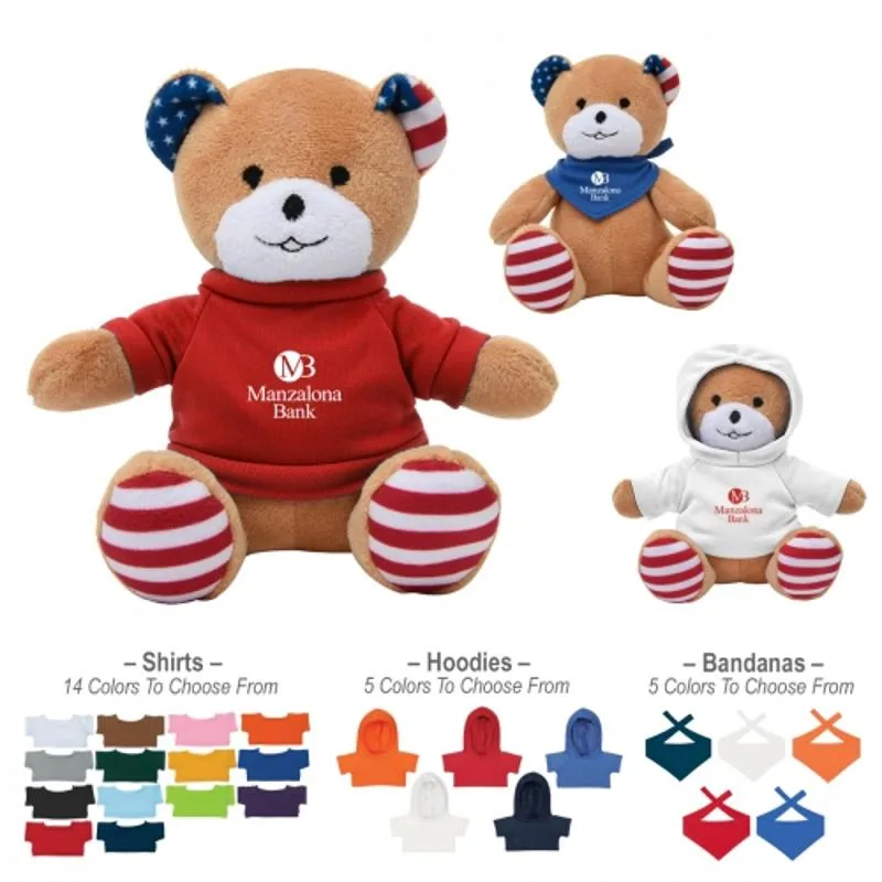 Plush bear with striped paws and branded hoodie options