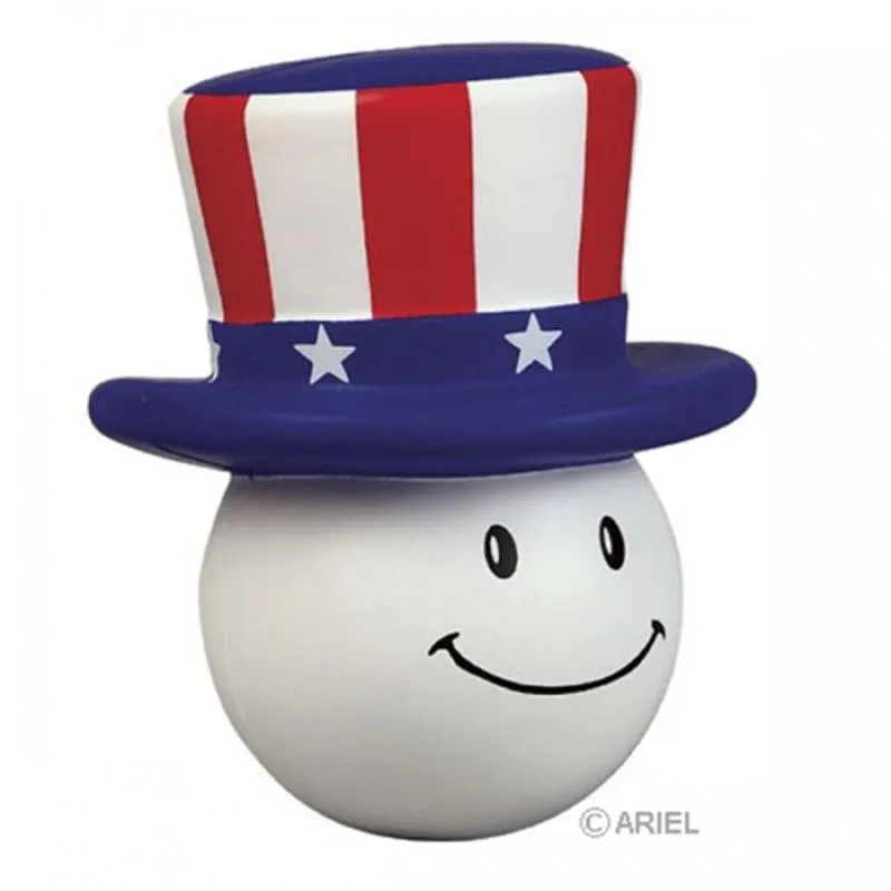 Smiling stress ball with red, white, and blue top hat