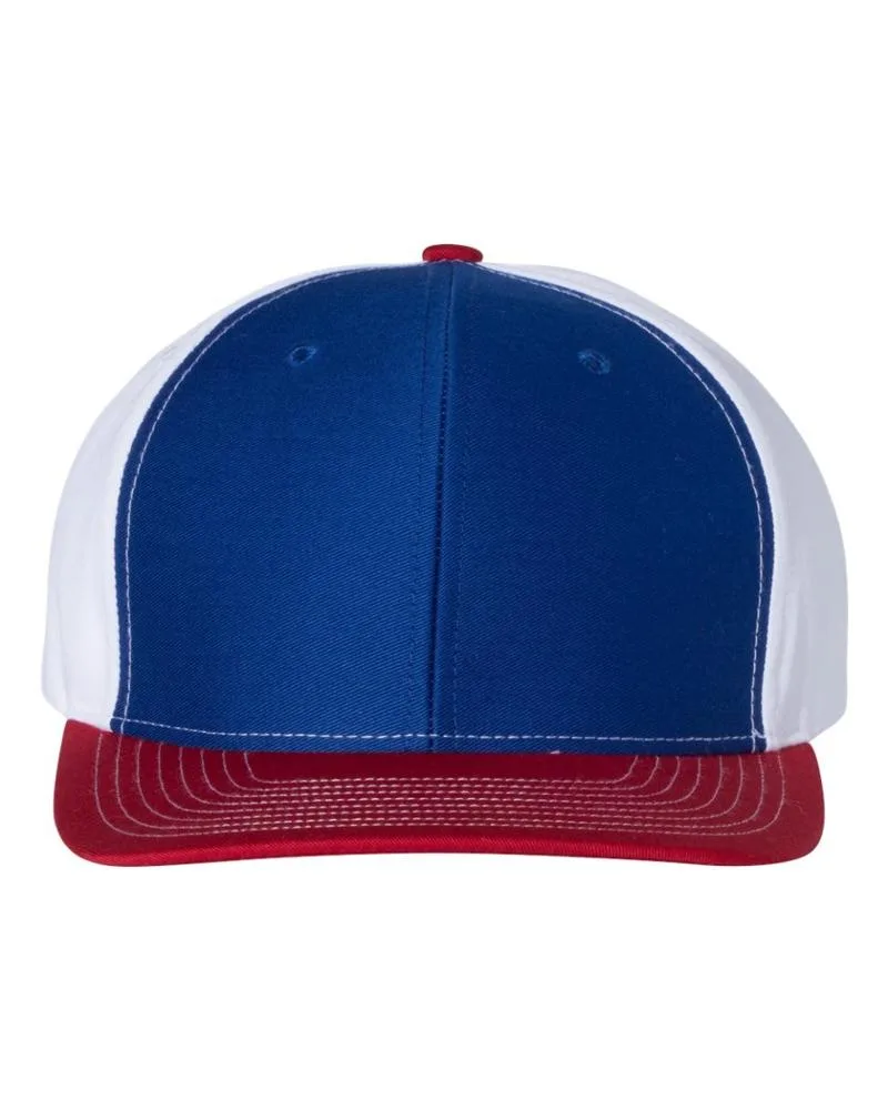Red, white, and blue trucker hat with front stitching detail