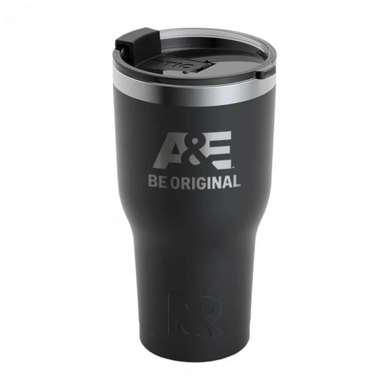 RTIC stainless steel branded tumbler with an A&E Be Original logo.