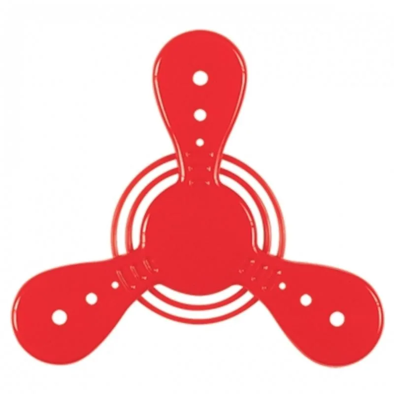 Bright red plastic flying disc with unique tri-spoke design