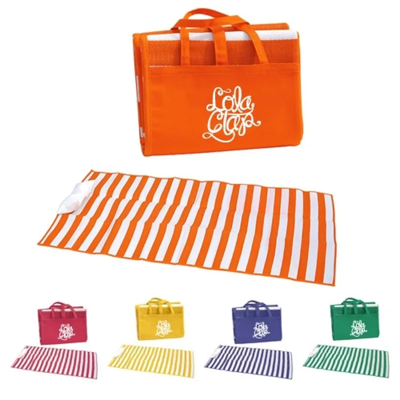 Foldable striped beach mat with carry handles and custom print