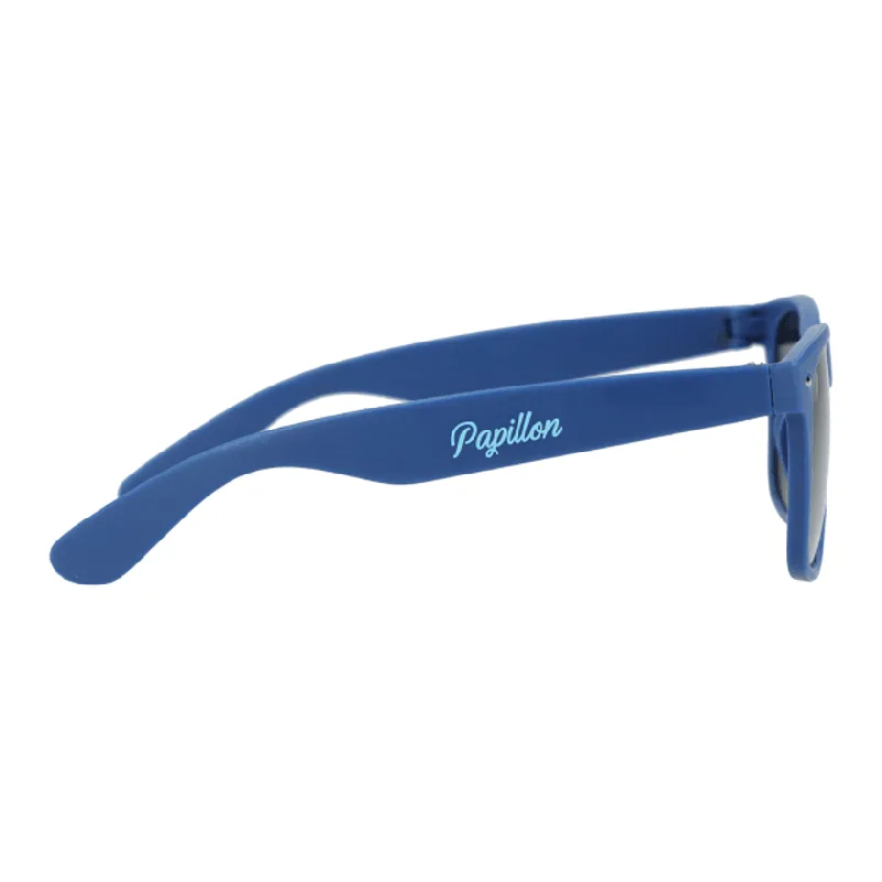 Blue recycled sunglasses with white Papillon branding on side