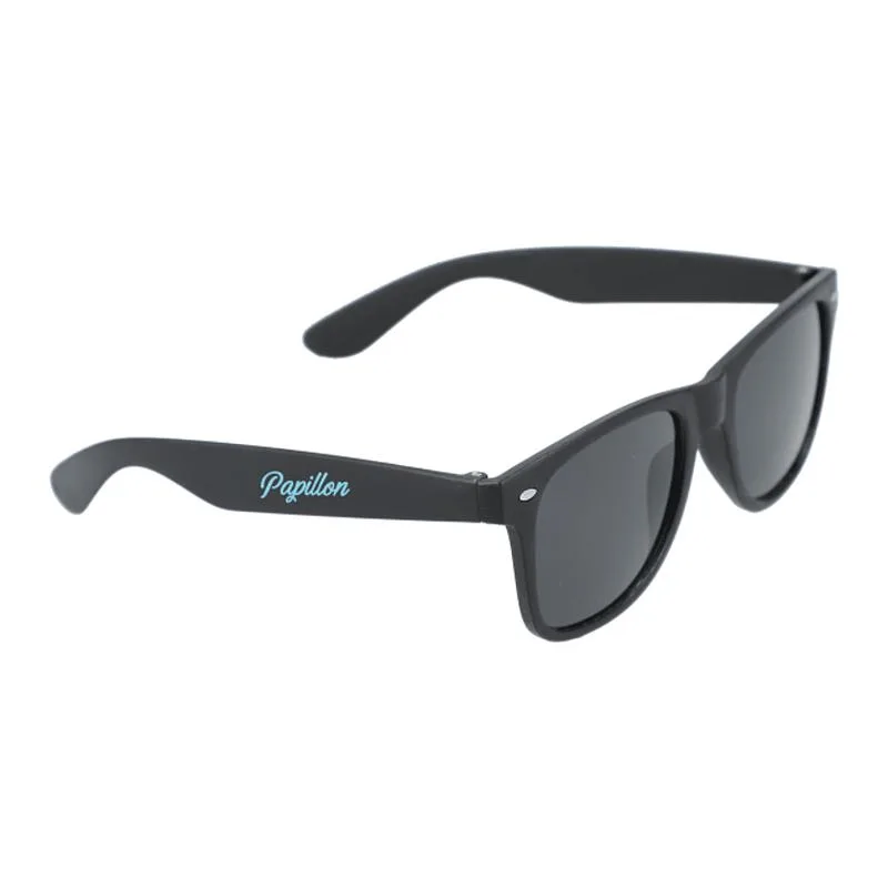 Black recycled sunglasses with blue logo and UV protection. ​
