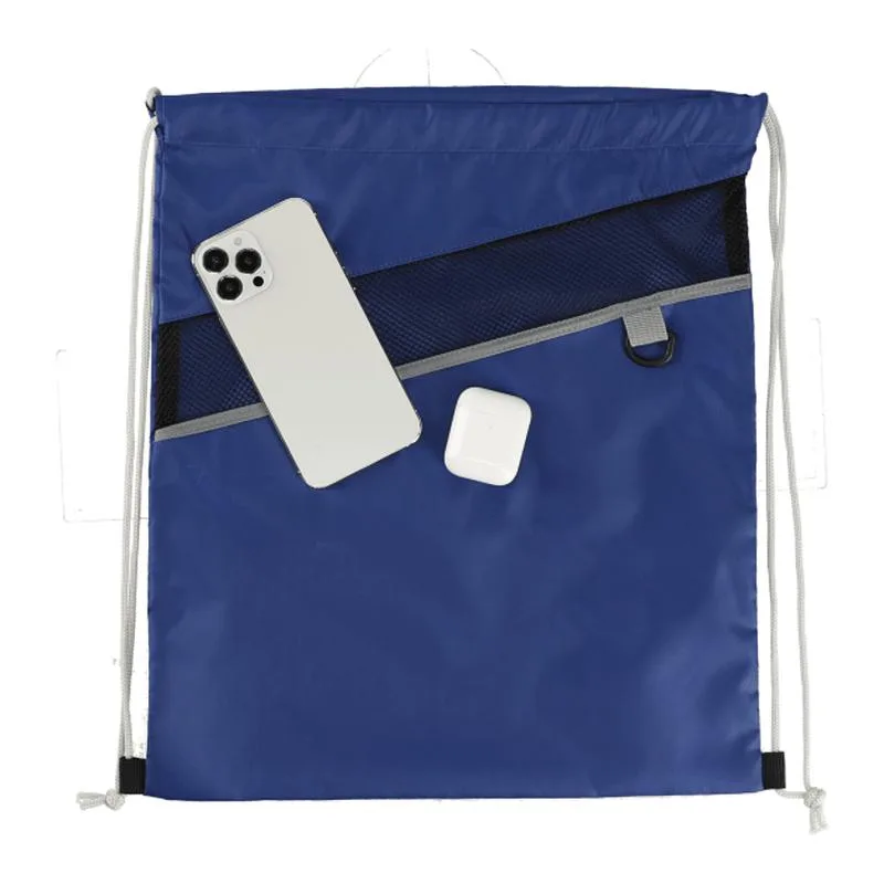 Blue recycled drawstring bag with mesh accent and key ring.