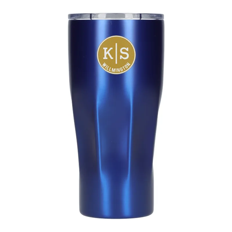 Sleek blue vacuum tumbler with gold circle logo on front