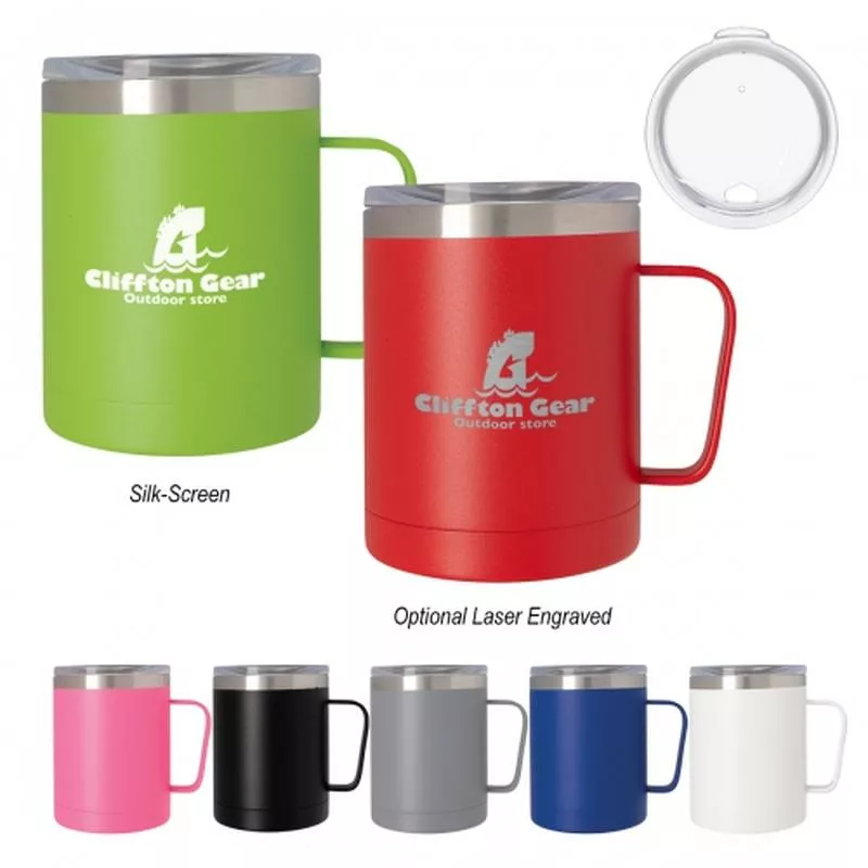 Branded travel mugs in multiple colors with secure lids for hot beverages.