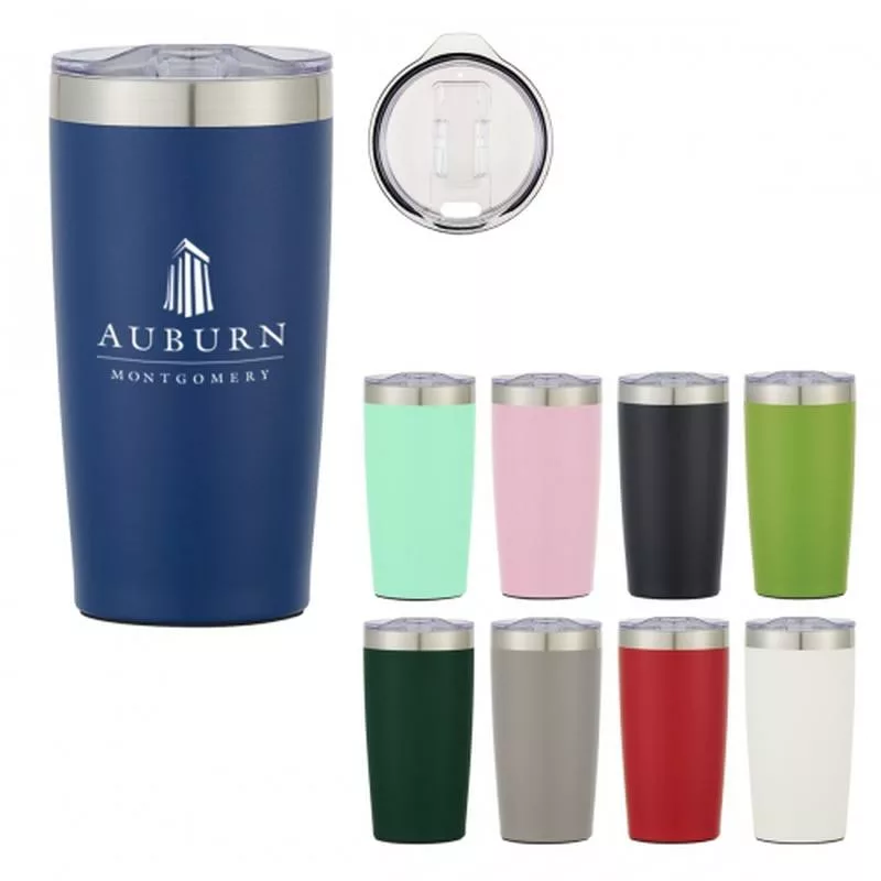 Assorted custom tumblers with lid in various colors.