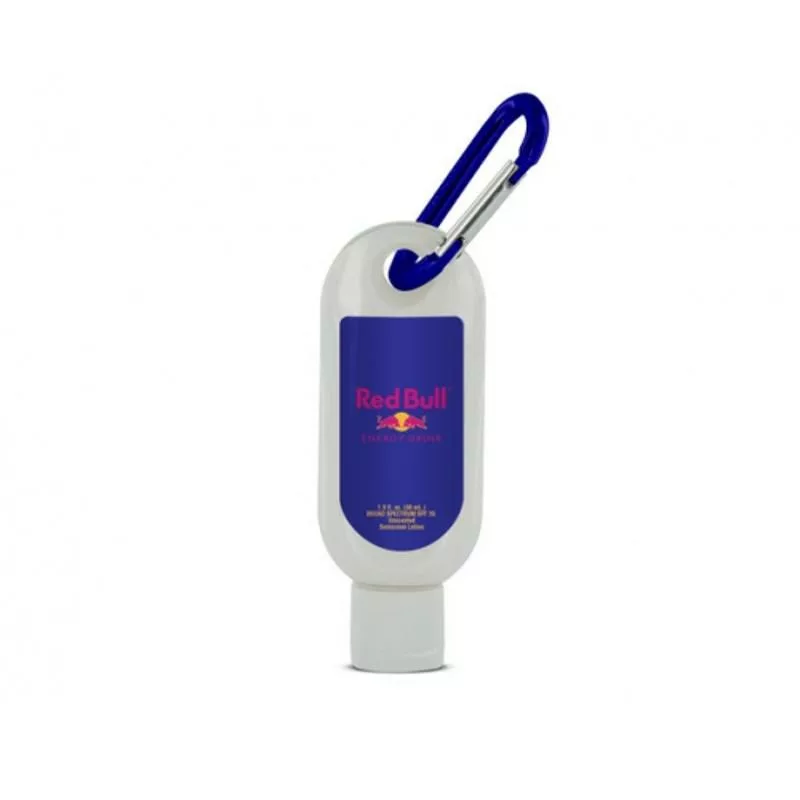 Sunscreen with attached carabiner, ideal for golf giveaways.