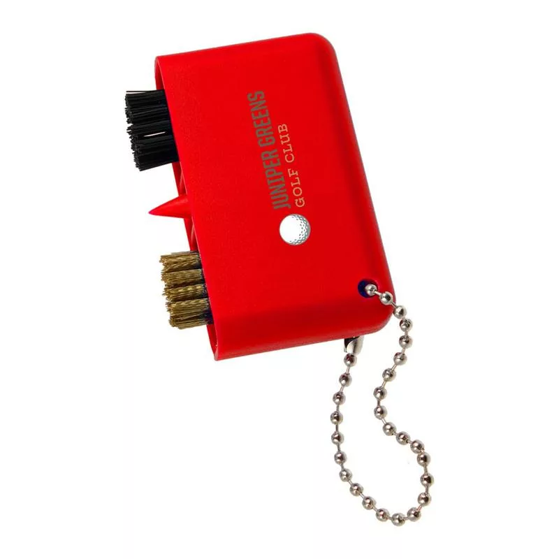 Red golf multi-tool with brushes and groove cleaner included.