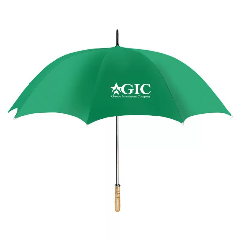 Green promotional umbrella with printed logo, wooden handle design.