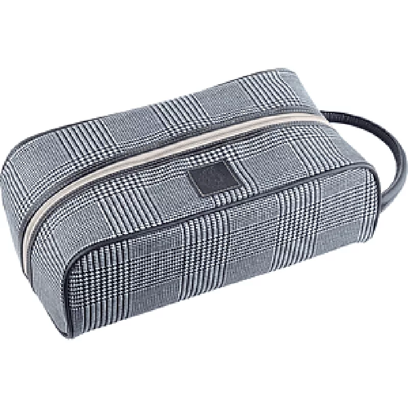 Stylish plaid shoe bag with handle and zippered top closure.