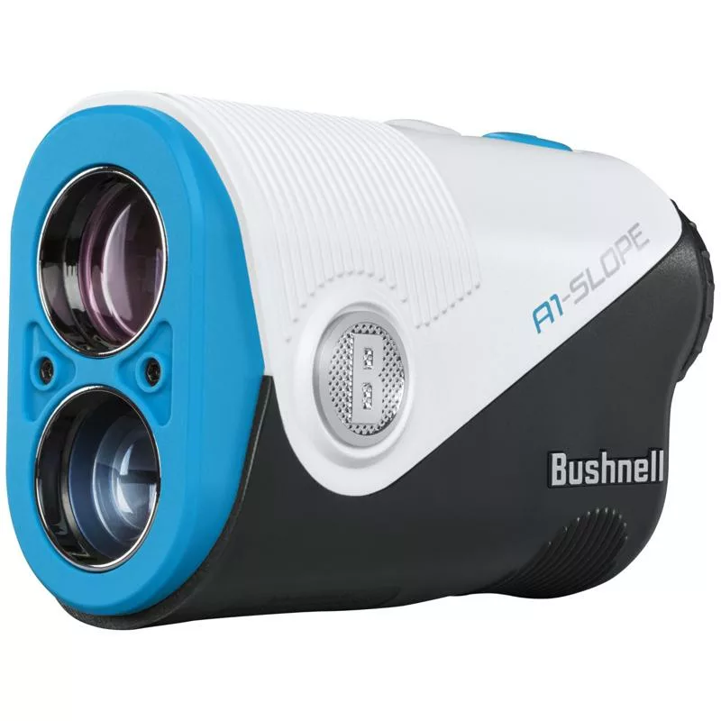 Blue and white golf rangefinder with precision laser targeting.