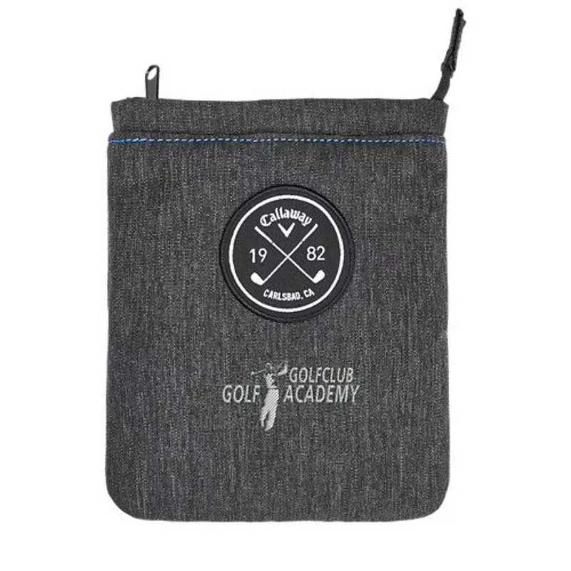 Black valuables pouch with zipper, Callaway logo, and branding.