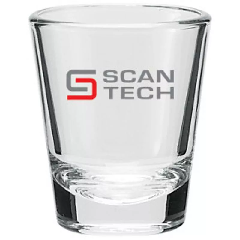 Classic 1.75 oz shot glass with promotional branding on front.