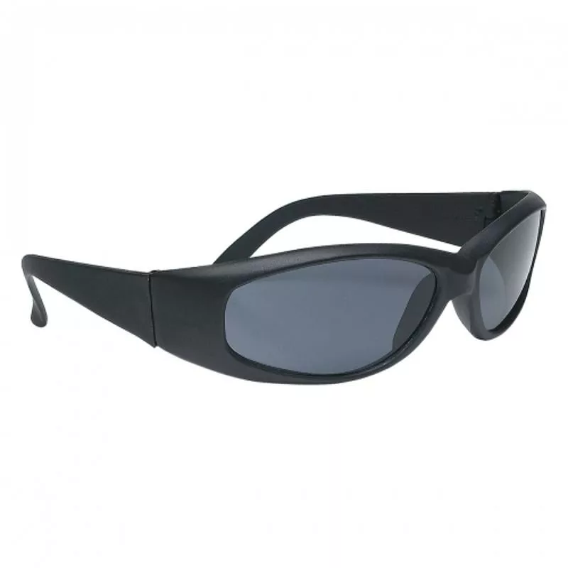 Black wraparound sunglasses with thick frames and dark lenses.